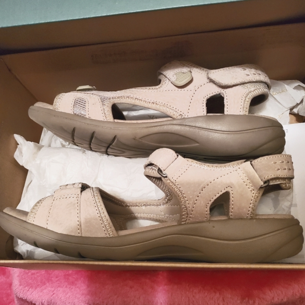 Clark's sandles, tan suede leather. Size 8 1/2 M. Worn only a few minutes indoor